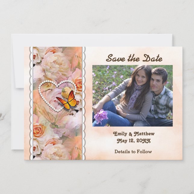 Reserve A Data Pérolas Cardíacas, Rosas Laranja, Borboletas Data  (Frente)