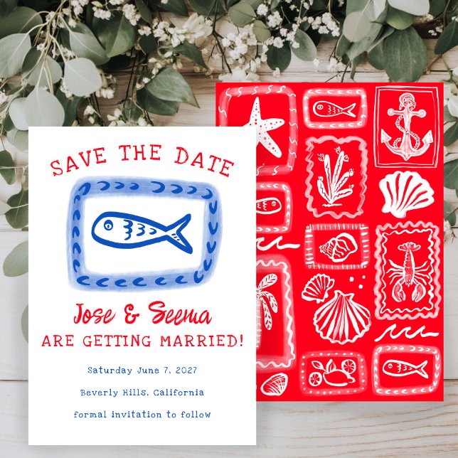 Reserve A Data Pescado Cinto Desenho Pato Vermelho Vermelho Doce  (Cute Fish Hand Drawn Sweet Red Blue Custom Save The Date
)