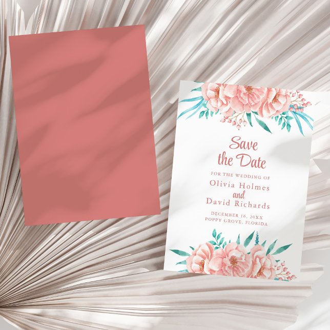 Reserve A Data Pêssego rosa e azul-turquesa Salve a placa de data (Peach and Turquoise Save the Date Card on a sunny white dry palm leaf.)