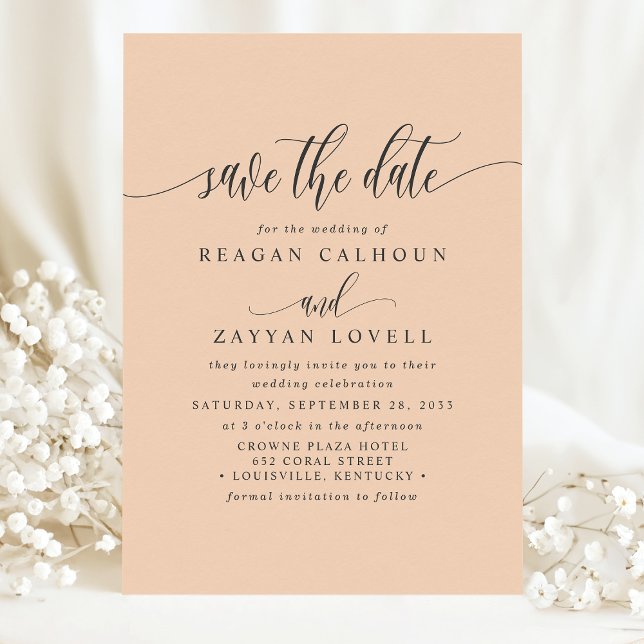 Reserve A Data Pêssego Suave Caligrafia Elegante Save The Date (Criador carregado)