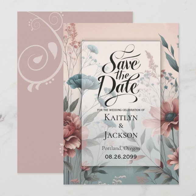 Reserve A Data Pétalas Sujas e Placa Floral de Serenidade Suave (Frente/Verso)