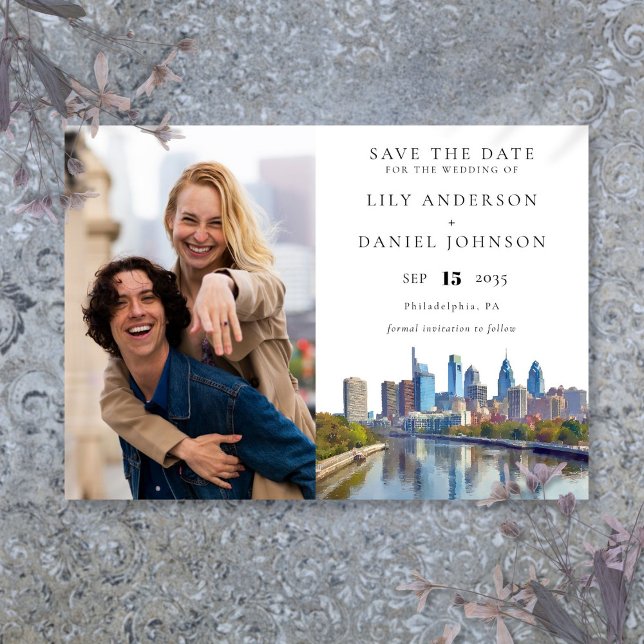 Reserve A Data Philadelphia Skyline Watercolor Photo Wedding (Philadelphia Skyline Watercolor Photo Wedding Save The Date)
