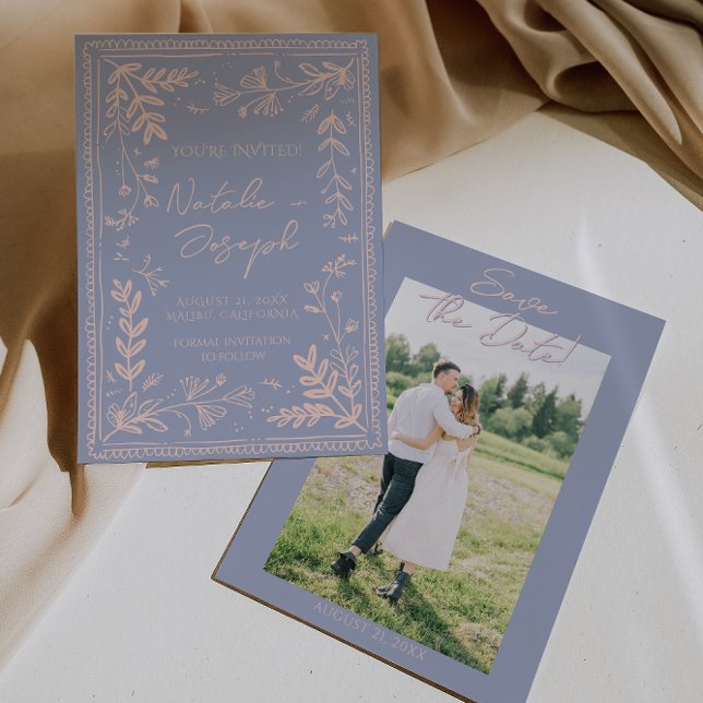 Reserve A Data Photo Blue Cream Drawn Floral Garden Save The Date (Criador carregado)