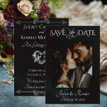 Reserve A Data Photo & Heart Save the Date on Black<br><div class="desc">This romantic design features a placeholder for photo of the couple and names on the front as well as date of event. The back embellished with a silver heart has room for more information. Also available with different colored backgrounds for your wedding theme colors. Designed to coordinate with the "Romantic...</div>