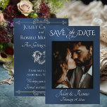 Reserve A Data Photo & Heart Save the Date on Blue<br><div class="desc">This romantic design features a placeholder for photo of the couple and names on the front as well as date of event. The back embellished with a silver heart has room for more information. Also available with different colored backgrounds for your wedding theme colors. Designed to coordinate with the "Romantic...</div>