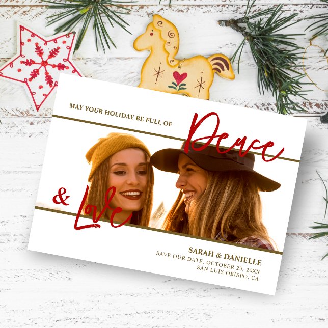 Reserve A Data Photo Minimalist Chic Sophisticated Fake Gold Red  (Christmas Chic Sophisticated Gold & Red Accents Photo Wedding Save the Date Card as a Holiday Card.)