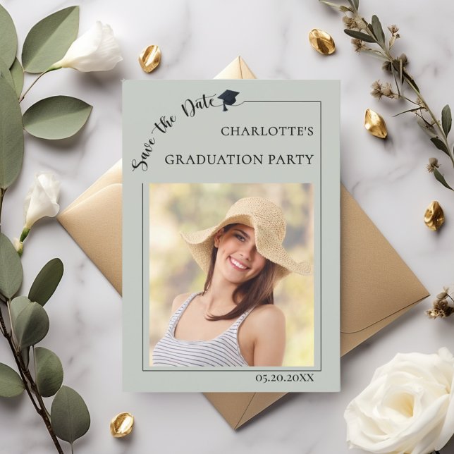 Reserve A Data Photo sage green Graduation party Save the Date (Criador carregado)