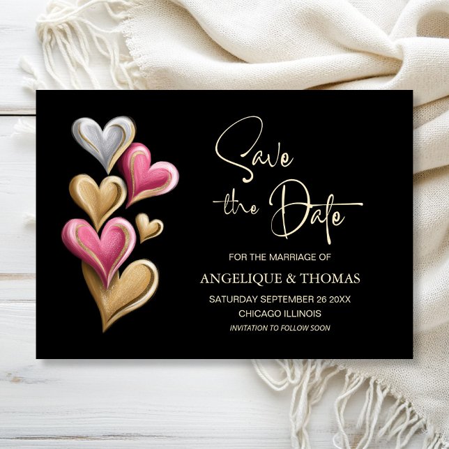 Reserve A Data Pink and Gold Hearts Wedding Save the Date (Criador carregado)