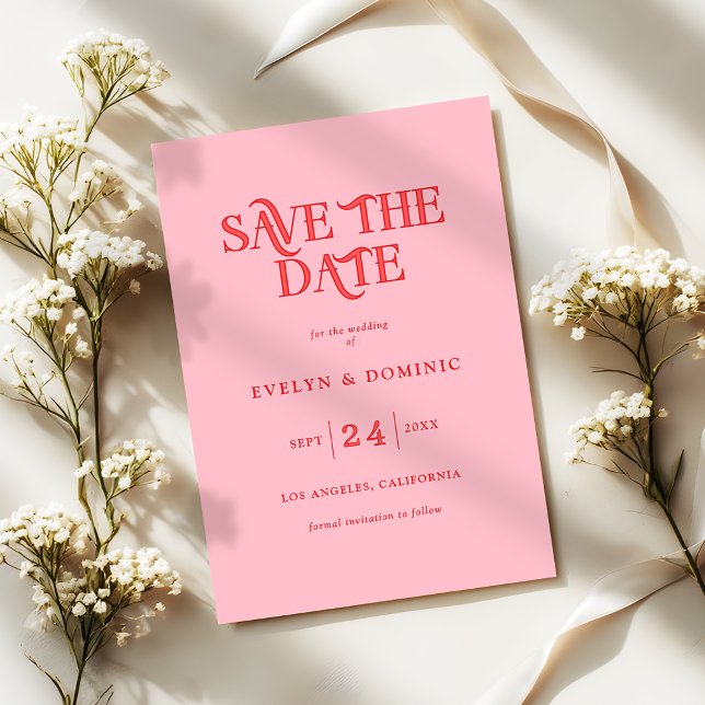 Reserve A Data Pink and Red Typography Retro Modern Wedding (Criador carregado)
