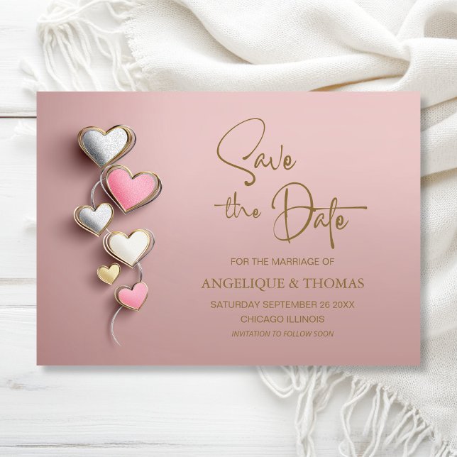 Reserve A Data Pink and Silver Hearts Wedding Save the Date (Criador carregado)