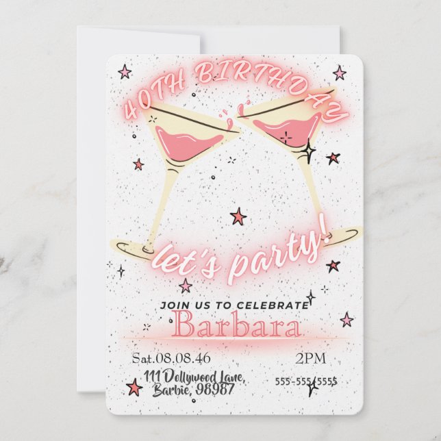 Reserve A Data Pink Cocktail 40th Birthday Invitation (Frente)