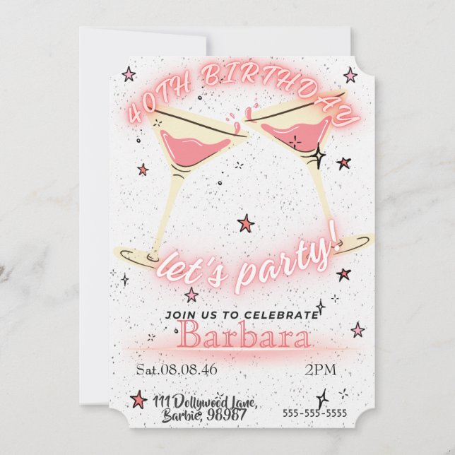 Reserve A Data Pink Cocktail 40th Birthday Invitation (Frente)