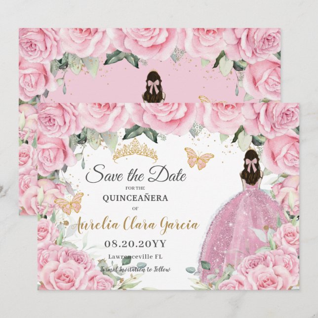 Reserve A Data Pink Floral Princess Quinceañera Quince Sweet 16  (Frente/Verso)