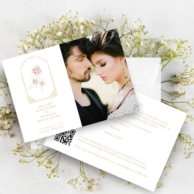 Reserve A Data Pink Floral Simulated Dome Arch Wedding in Gold (Pink Floral Simulated Dome Arch Wedding in Faux Gold Photo in White background Save the Date Card.)