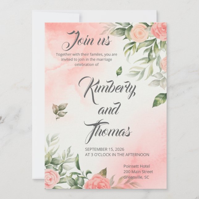 Reserve A Data Pink Floral Wedding Invitation - Elegant (Frente)