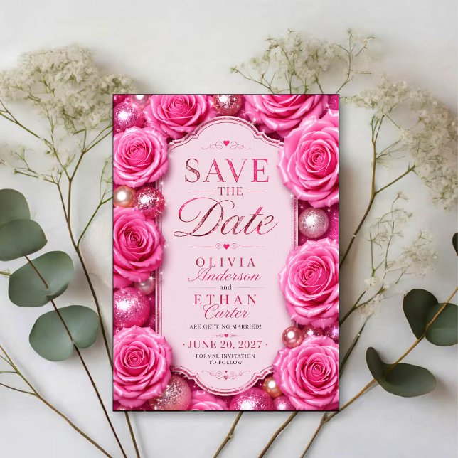 Reserve A Data Pink Glitter Rose Glamorous Floral  (Criador carregado)