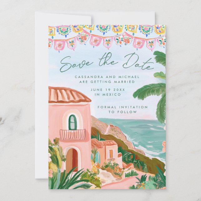 Reserve A Data Pink Mexican Beach Town Destination Wedding (Frente)