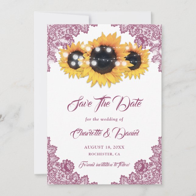 Reserve A Data Pink Sunflower Rustic Floral Lace Wedding (Frente)