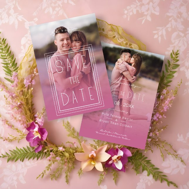 Reserve A Data Pink Transparency Effect 2 Photos Engagement (Pink Transparency Effect 2 Photos Engagement Couple Session Save the Date Card.)