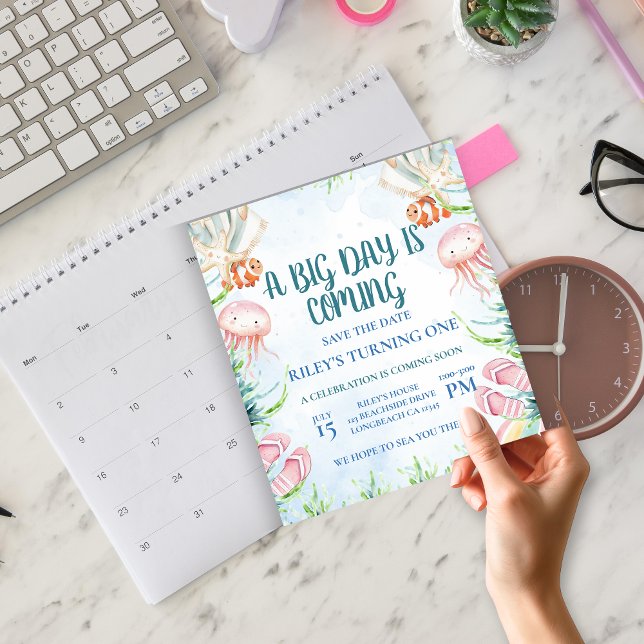 Reserve A Data Pintable First Birthday Save Date Ocean (Criador carregado)