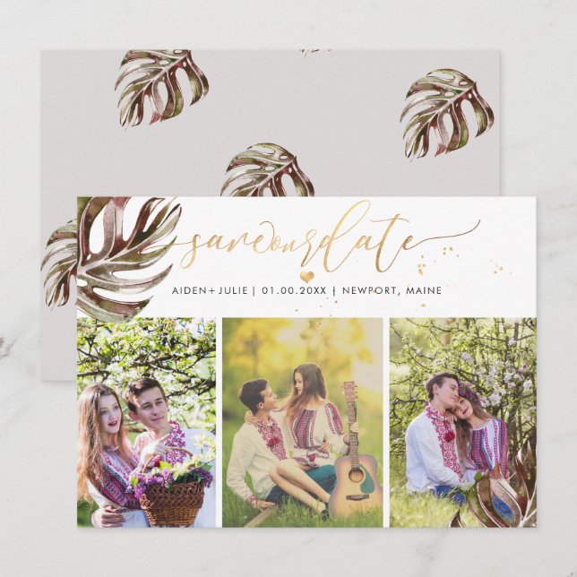 Reserve A Data PixDezines folhas de Monstera Burgundy Dourado Fal (Frente/Verso)