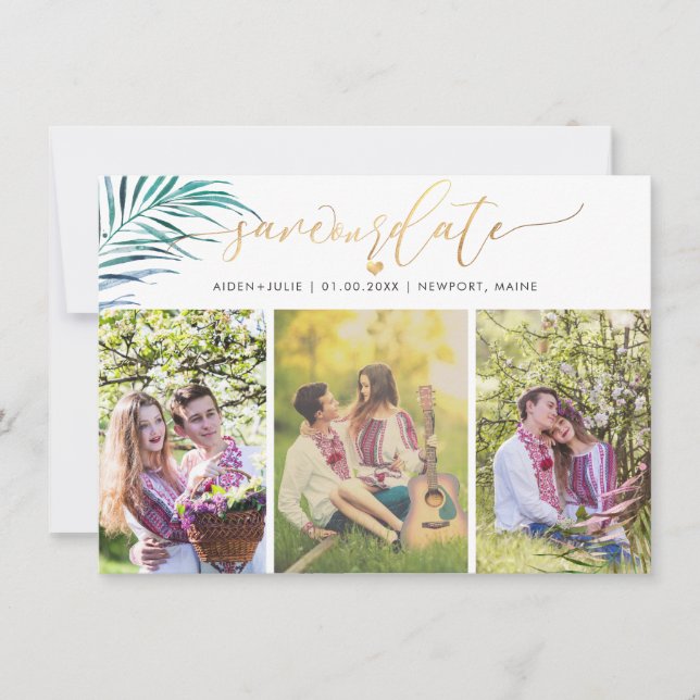 Reserve A Data PixDezines Palm Fronds Faux Dourado Script Moderno (Frente)