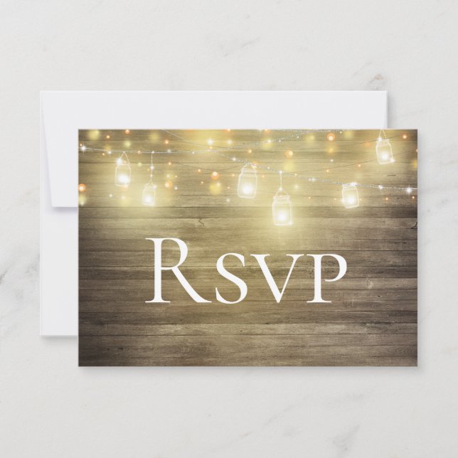 Reserve A Data Placa RSVP de Mason Jar e Lights Rustic Wood (Frente)