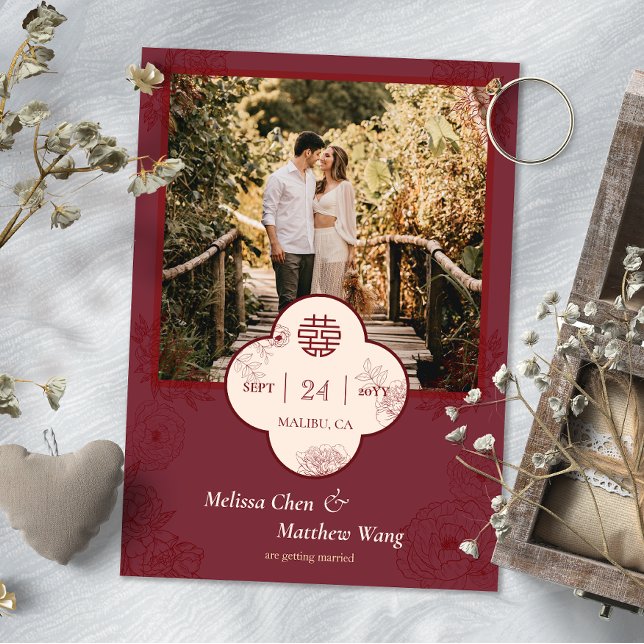 Reserve A Data Plum Floral Chinês Foto Salva Data (Plum Floral Chinese Wedding Photo Save the Date)