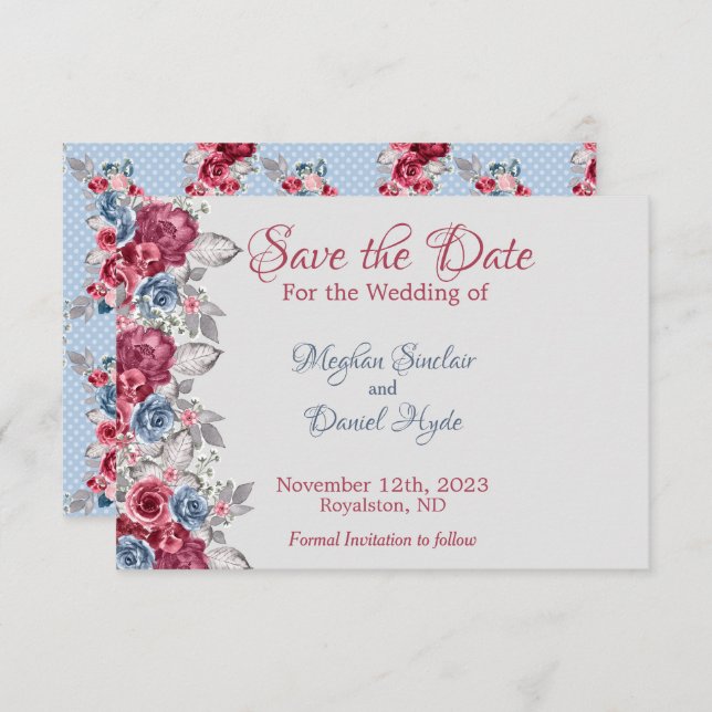 Reserve A Data Pó Azul e Bordô Intenso Floral Save The Date (Frente/Verso)