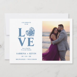 Reserve A Data Poeira Azul Coração Floral Moderno Foto Casamento