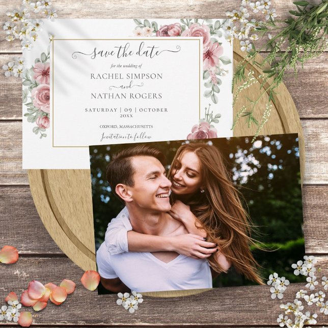 Reserve A Data Poeira Rosa Floral Chic Festa de Casamento Foto (Chic Floral Dusty Rose Photo Wedding Save The Date)