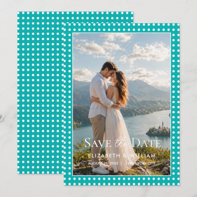 Reserve A Data Pontos Brancos Polka em Azul Turquesa – Casamento  (Frente/Verso)