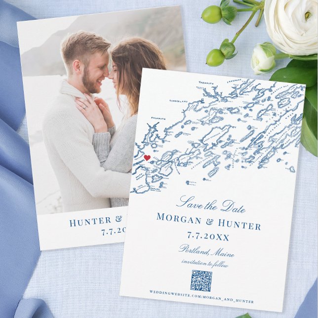 Reserve A Data Portland Maine Casco Bay Elegante Código QR (Portland Maine map Save the Dates with QR code for your Casco Bay destination wedding website.)