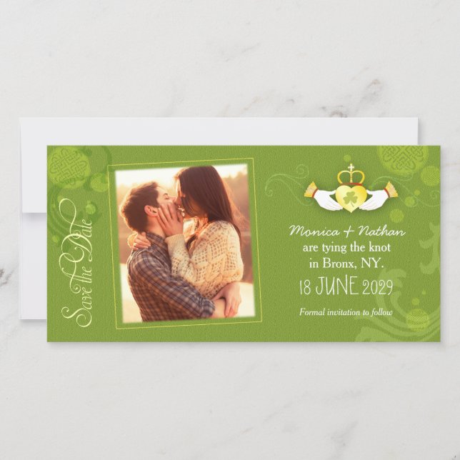 Reserve A Data Posh Green Irish Wedding Photo Save the Date Card (Frente)