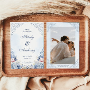 Reserve A Data Poupança de Casamento Floral Azul Empoeirado