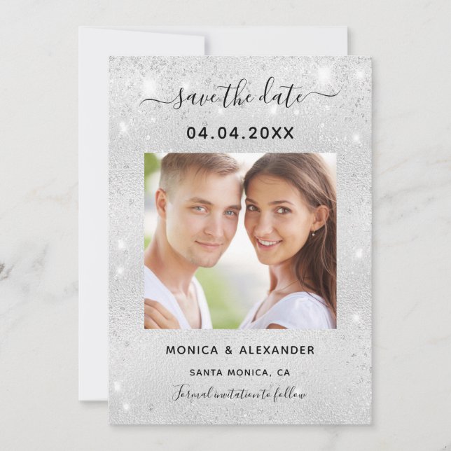 Reserve A Data Poupança de data de casamento com brilho prateado (Frente)