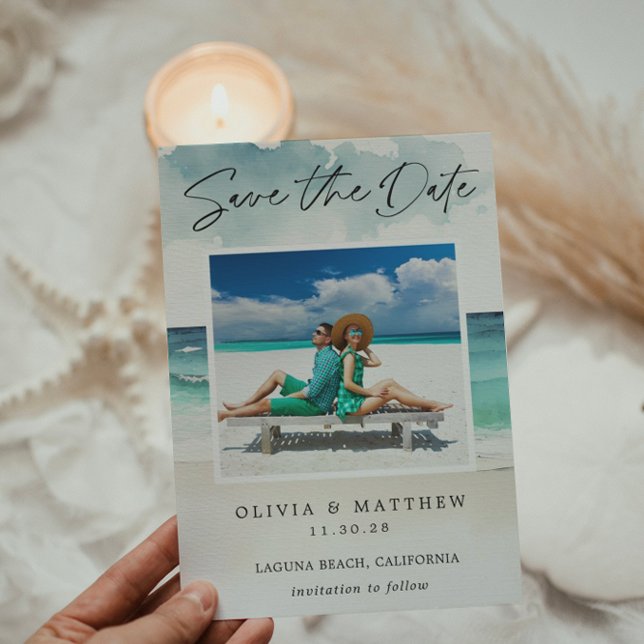 Reserve A Data Praia do Oceano Aquarela Moderna Duas Fotos  (Criador carregado)