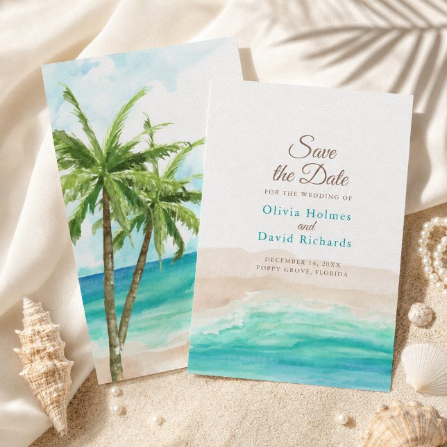 Reserve A Data Praia Tropical em Aquarela com Palmeiras (Watercolor Tropical Beach with Palm Trees Save The Date)