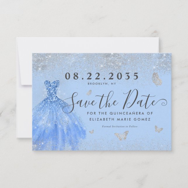 Reserve A Data Prata Azul Moderna Glitter Quinceanera (Frente)