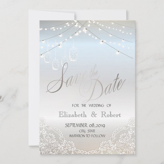Reserve A Data Prata Brilho, Pote de Pedra, Renda Save The Date (Frente)