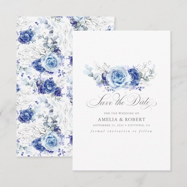 Reserve A Data Prata e Azul Empoeirado Floral Save the Date (Frente/Verso)