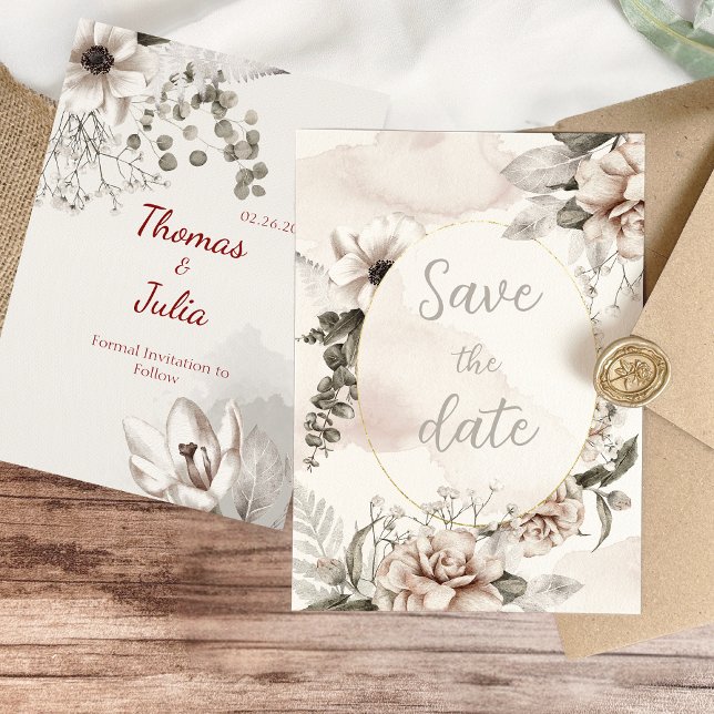 Reserve A Data Prata Elegante e Floral Branco (Elegant Silver & White Floral Save The Date)