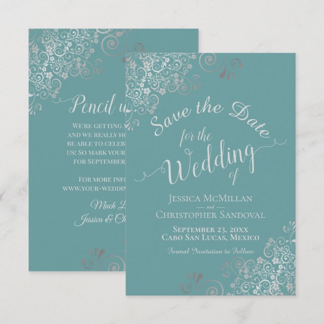 Reserve A Data Prata Elegante em Casamento de Teal ou Turquesa (Frente/Verso)