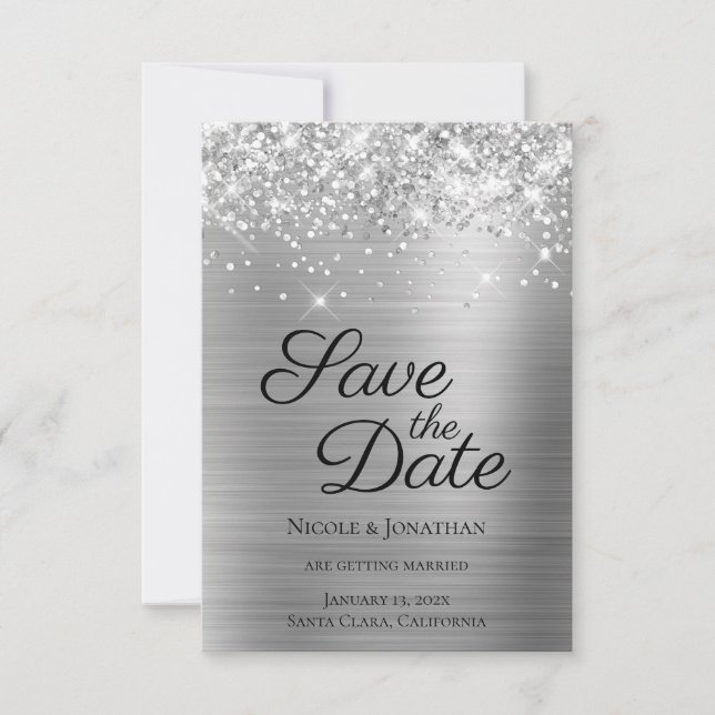 Reserve A Data Prateado Glittery Foil Caligrafia Elegante (Frente)