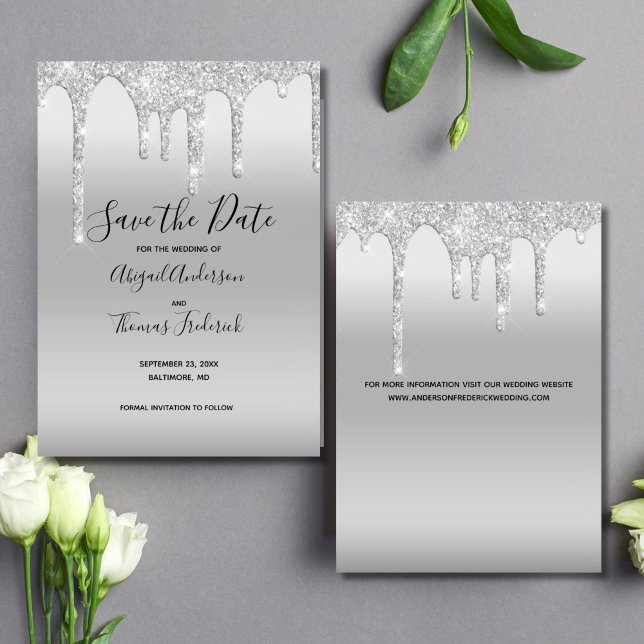 Reserve A Data Prateado Gotejando Brilho Glamour Elegante Moderno (Elegant Silver Dripping Glitter Wedding Save the date card)