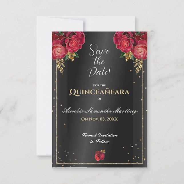 Reserve A Data Preto com o Rosa vermelha Quinceañera Salve a Data (Frente)