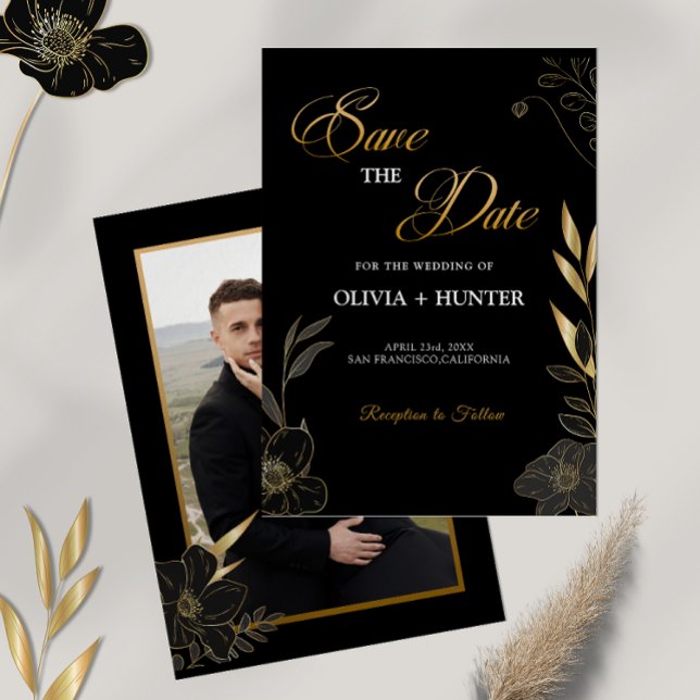 Reserve A Data Preto Moderno Elegante e Dourado Floral (Elegant Black and Gold Floral Save The Date)