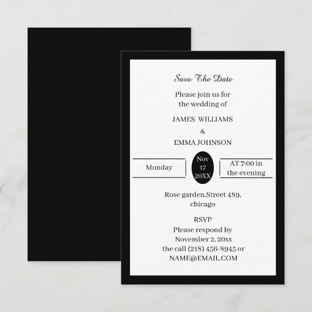 Reserve A Data Preto Simples E Branco Personalizado (Frente/Verso)