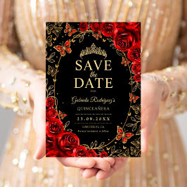 Reserve A Data Preto Vermelho Dourado Floral Quinceanera