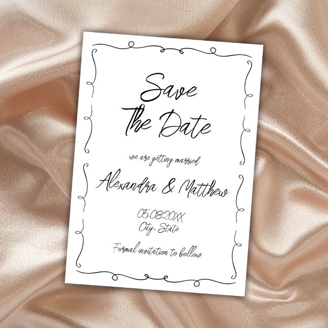 Reserve A Data Preto Whimsical E Branco Desenhado À Mão (hand drawn whimsical black and white wedding save the date card hand lettered funky)